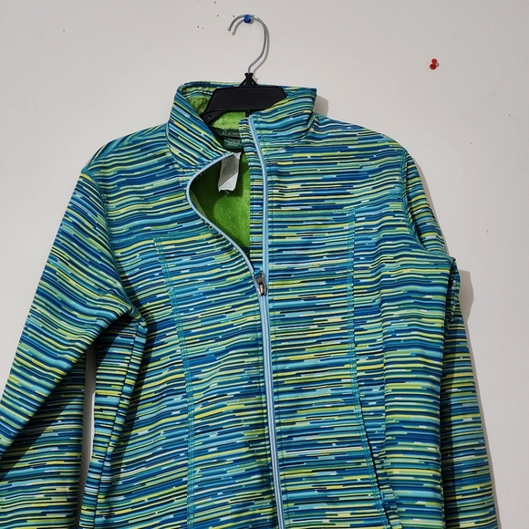 Girls LL Bean Blue Green Pattern Sweatshirt Faux Fur Lining Sz Large 14-16 - Picture 2 of 9